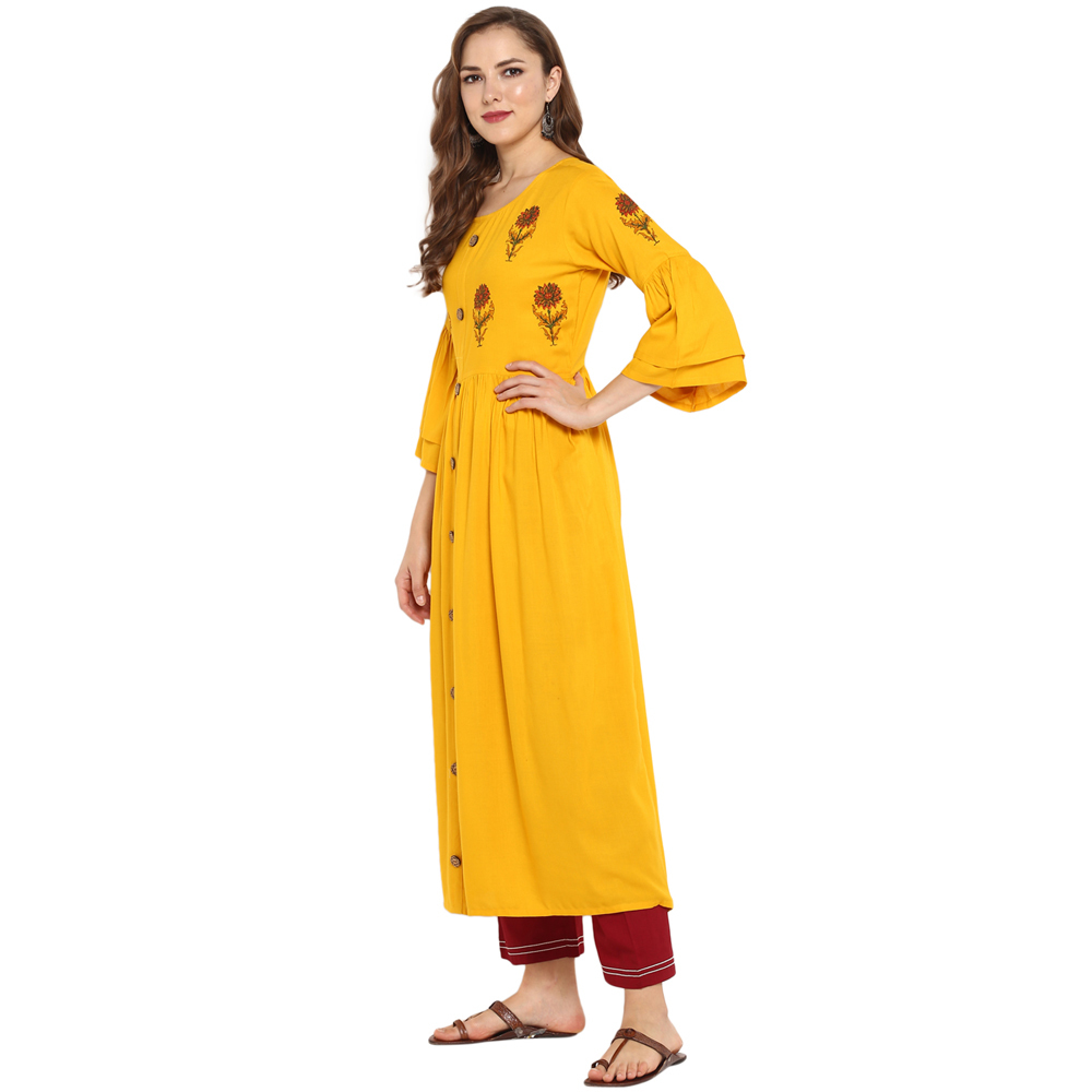 Jaipuri Kurtis - Rayon Fabric, 48 Inch Length, Mustard Yellow Color | A-line Style, Fade Resistant, 3-4th Sleeve
