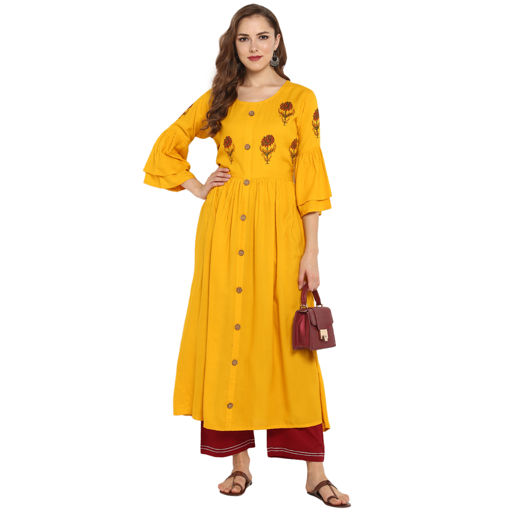 Jaipuri Kurtis - Rayon Fabric, 48 Inch Length, Mustard Yellow Color | A-line Style, Fade Resistant, 3-4th Sleeve