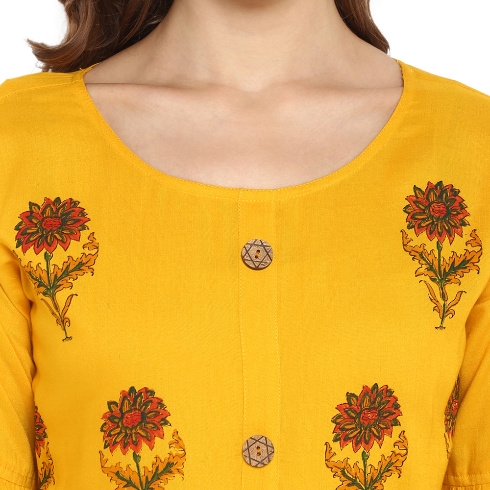 Jaipuri Kurtis - Rayon Fabric, 48 Inch Length, Mustard Yellow Color | A-line Style, Fade Resistant, 3-4th Sleeve