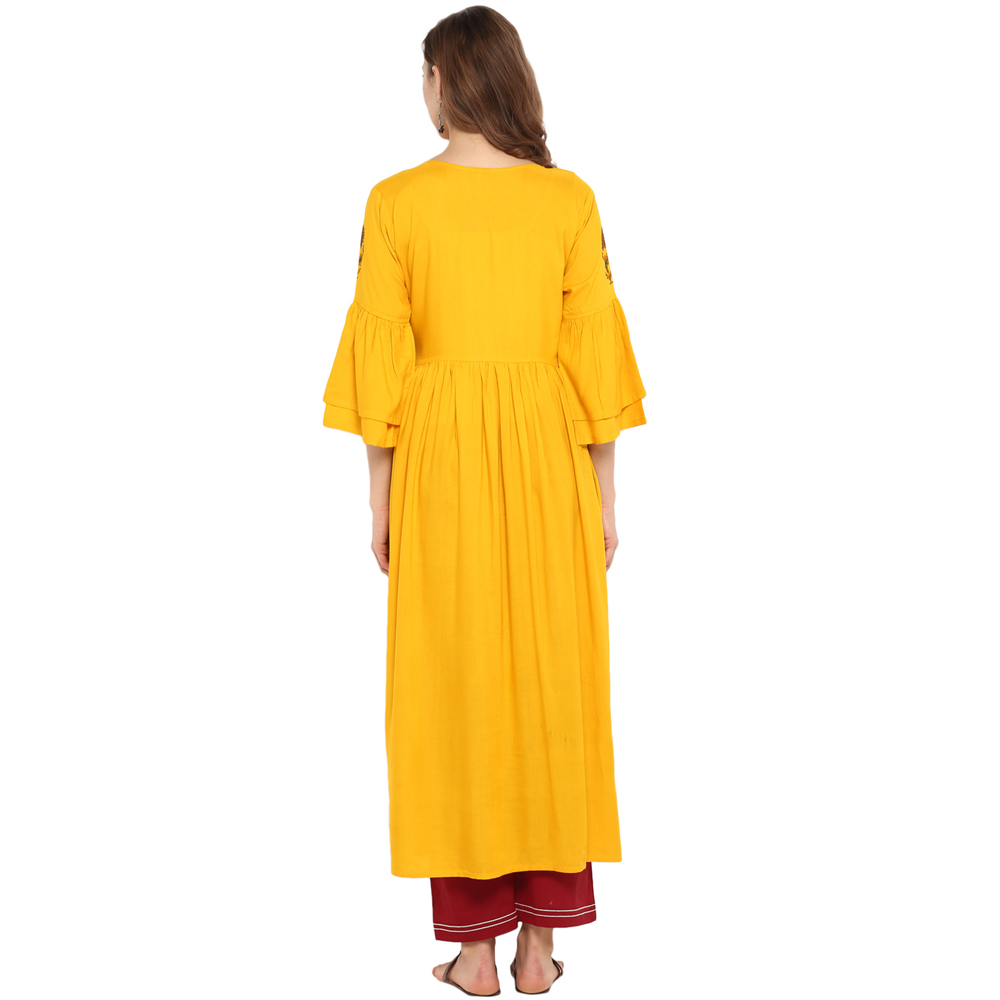 Jaipuri Kurtis - Rayon Fabric, 48 Inch Length, Mustard Yellow Color | A-line Style, Fade Resistant, 3-4th Sleeve