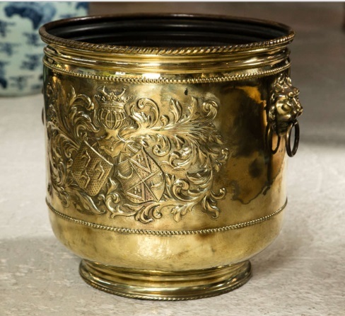 Large Brass Planter - Coat Of Arms Design Elegant Gold Finish For Home And Balcony Decoration