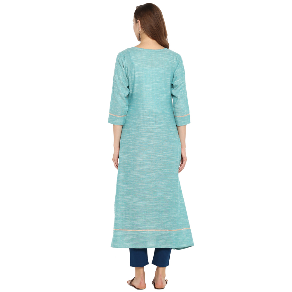 Ladies Plain Kurtis - Cotton, 48 Inch Length, Turquoise Green | Elegant A-line Style, 3/4 Sleeves, Shrinkage Proof Fabric