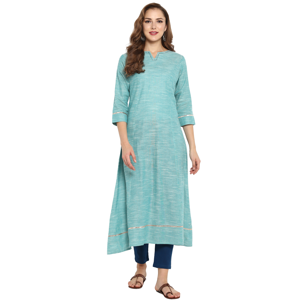 Ladies Plain Kurtis - Cotton, 48 Inch Length, Turquoise Green | Elegant A-line Style, 3/4 Sleeves, Shrinkage Proof Fabric