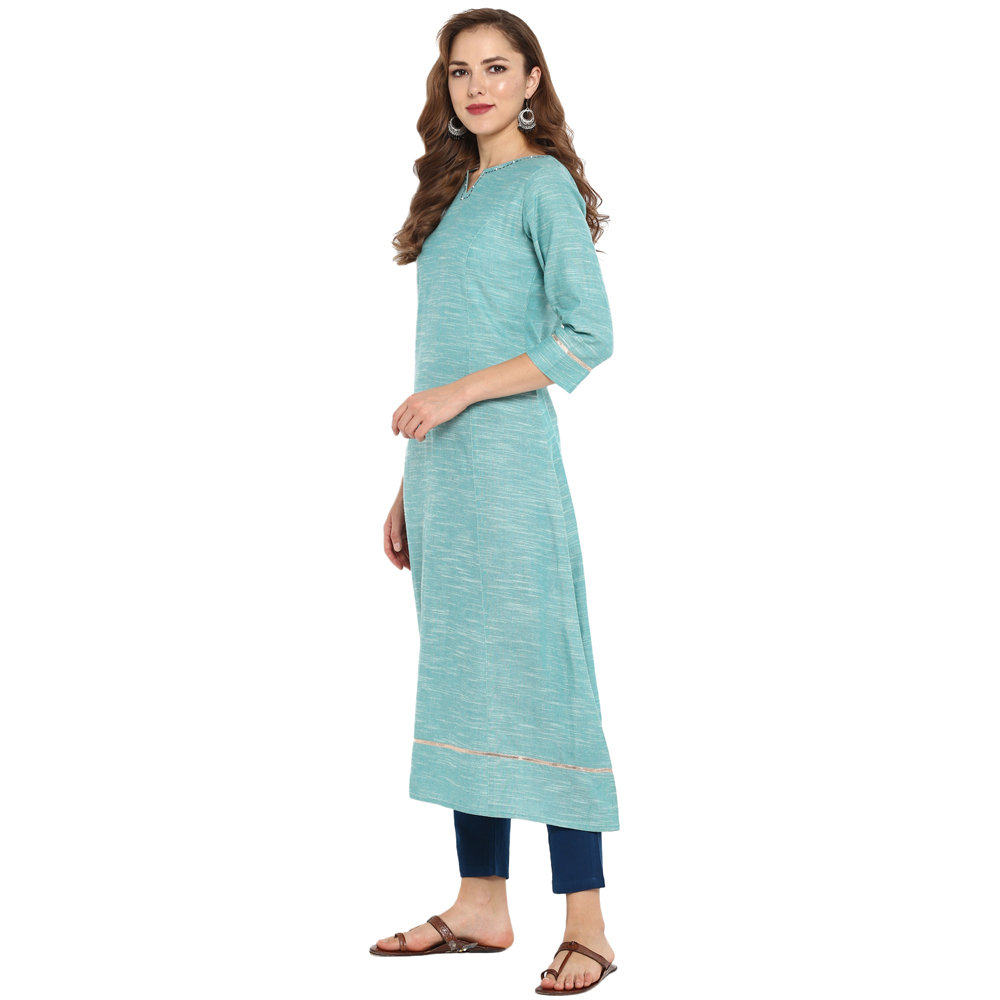Ladies Plain Kurtis - Cotton, 48 Inch Length, Turquoise Green | Elegant A-line Style, 3/4 Sleeves, Shrinkage Proof Fabric