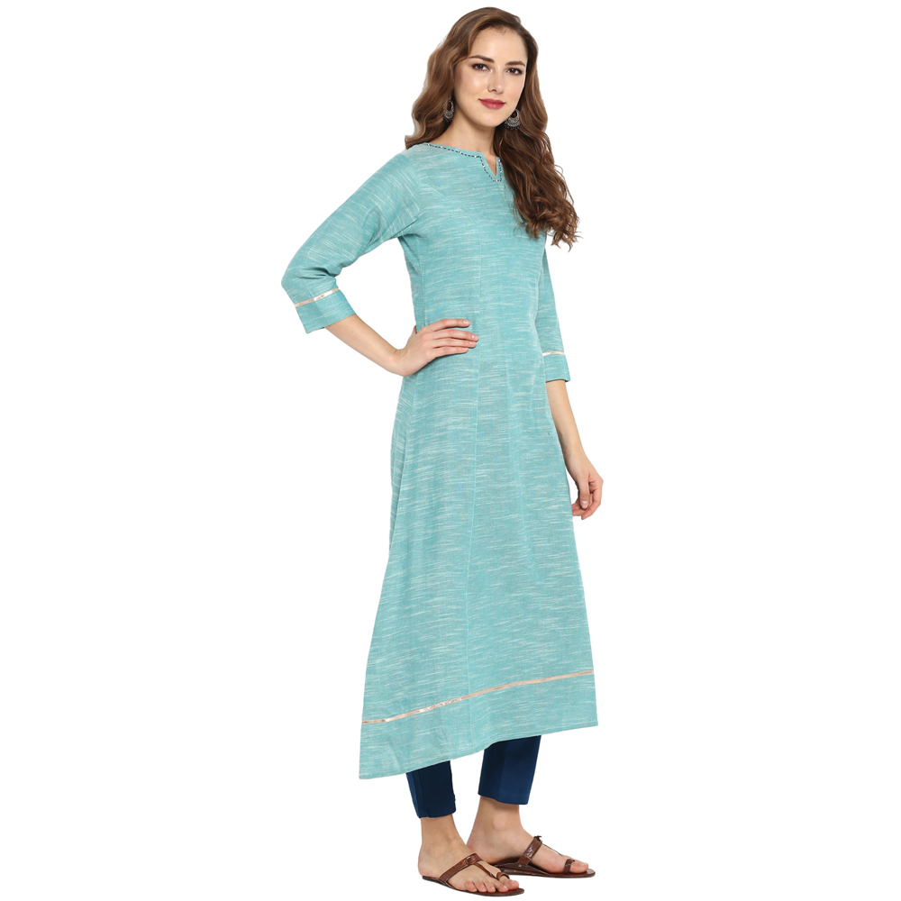 Ladies Plain Kurtis - Cotton, 48 Inch Length, Turquoise Green | Elegant A-line Style, 3/4 Sleeves, Shrinkage Proof Fabric
