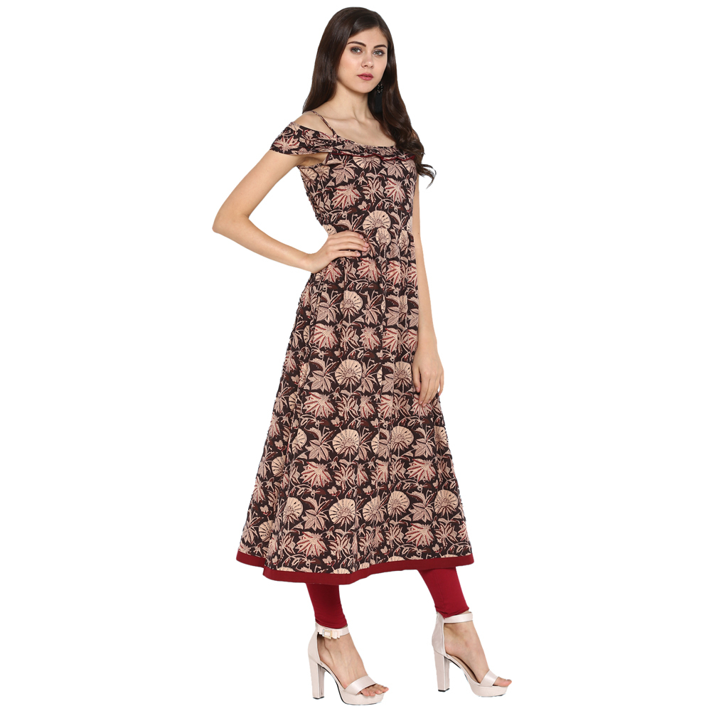 Printed Fancy Kurti - Cotton, Length: 48 Inch, Bust Size: 36 To 44 Inch, Multicolor, Off Shoulder Pattern, Trendy Floral Print, Sizes: S-xxl