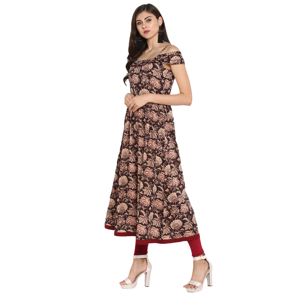 Printed Fancy Kurti - Cotton, Length: 48 Inch, Bust Size: 36 To 44 Inch, Multicolor, Off Shoulder Pattern, Trendy Floral Print, Sizes: S-xxl