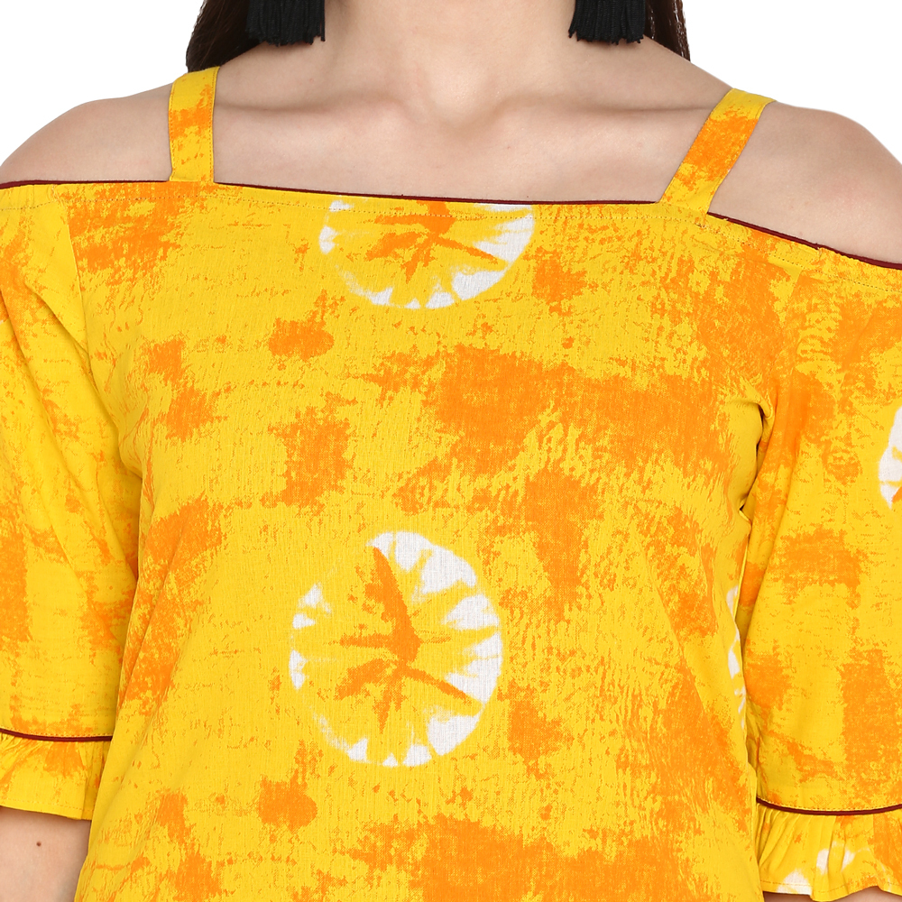 Shoulder Cut Kurtis - Yellow Cotton, 44 Inch Length | Trendy Printed Design, Bust Size 36 To 44 Inch, Casual Style, Dry Clean Only