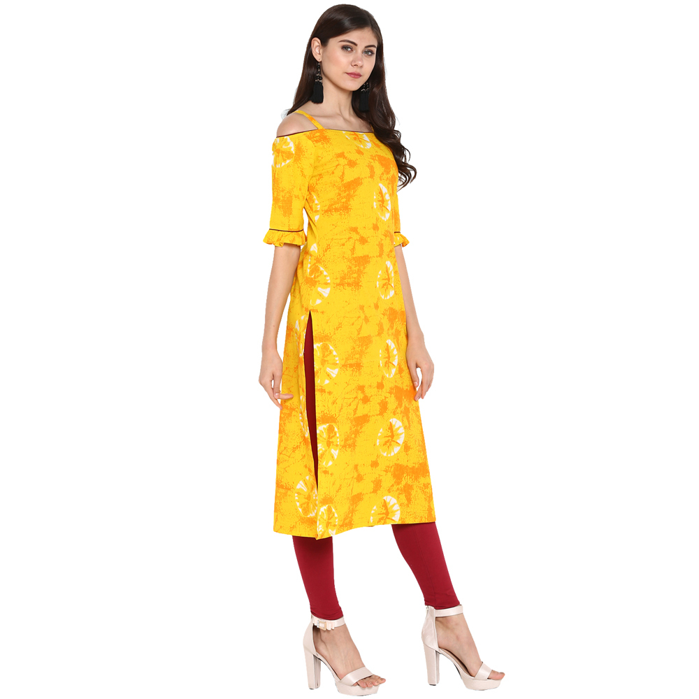 Shoulder Cut Kurtis - Yellow Cotton, 44 Inch Length | Trendy Printed Design, Bust Size 36 To 44 Inch, Casual Style, Dry Clean Only