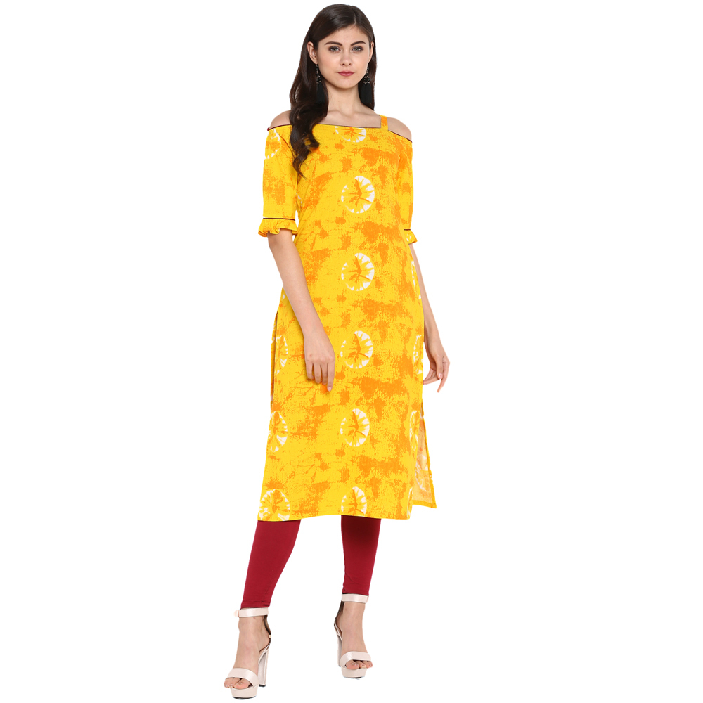 Shoulder Cut Kurtis - Yellow Cotton, 44 Inch Length | Trendy Printed Design, Bust Size 36 To 44 Inch, Casual Style, Dry Clean Only