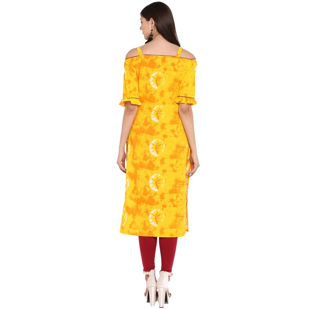 Shoulder Cut Kurtis - Yellow Cotton, 44 Inch Length | Trendy Printed Design, Bust Size 36 To 44 Inch, Casual Style, Dry Clean Only