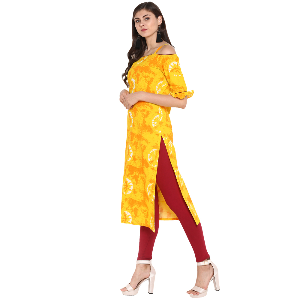 Shoulder Cut Kurtis - Yellow Cotton, 44 Inch Length | Trendy Printed Design, Bust Size 36 To 44 Inch, Casual Style, Dry Clean Only