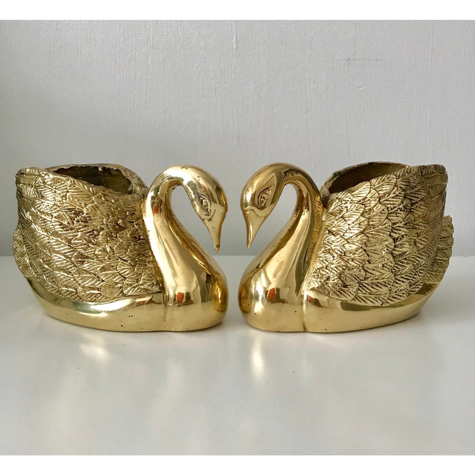 Gold Vintage Solid Brass Swan Planters A Pair