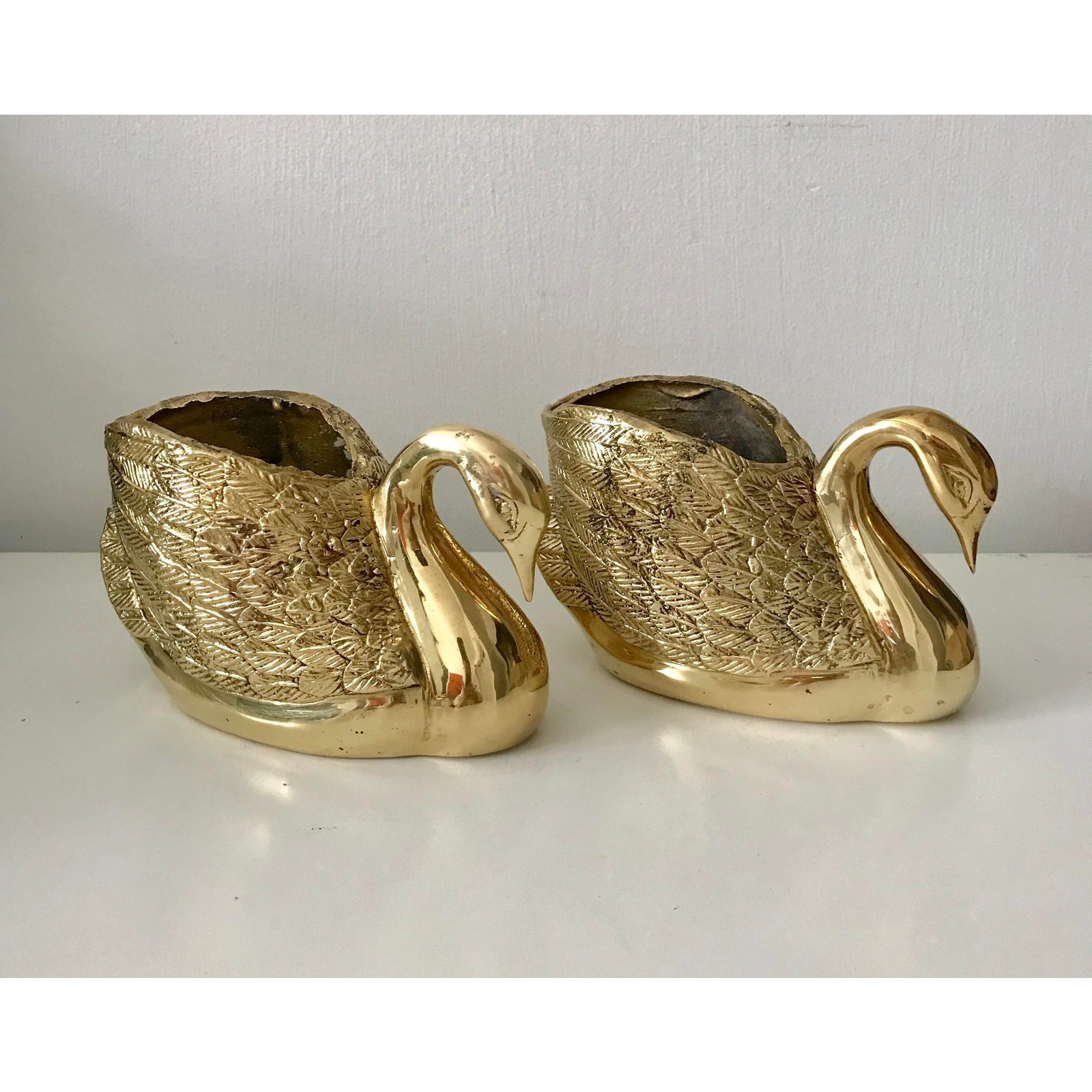 Gold Vintage Solid Brass Swan Planters A Pair