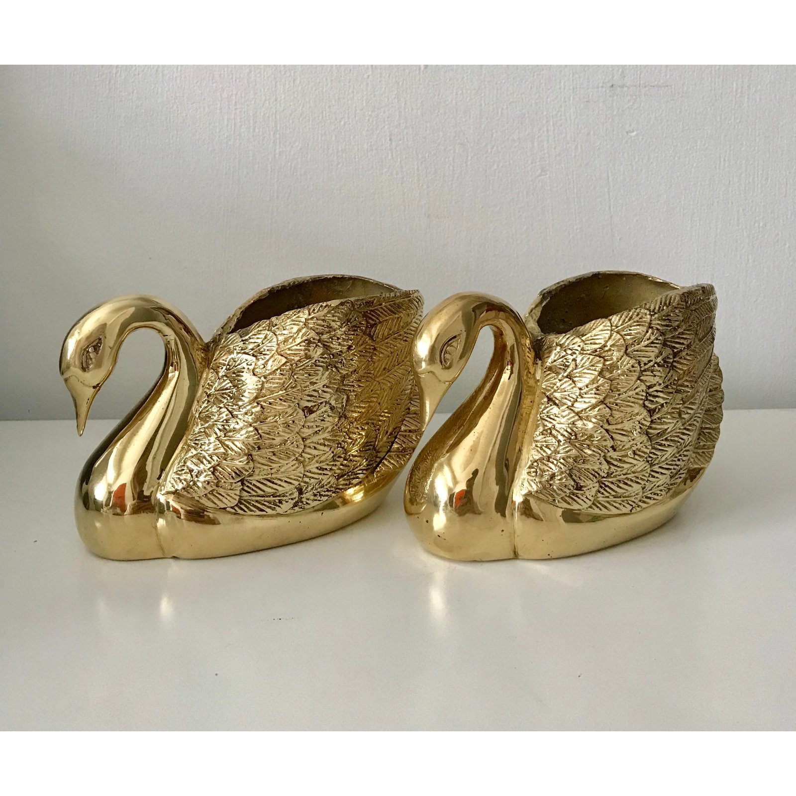 Gold Vintage Solid Brass Swan Planters A Pair