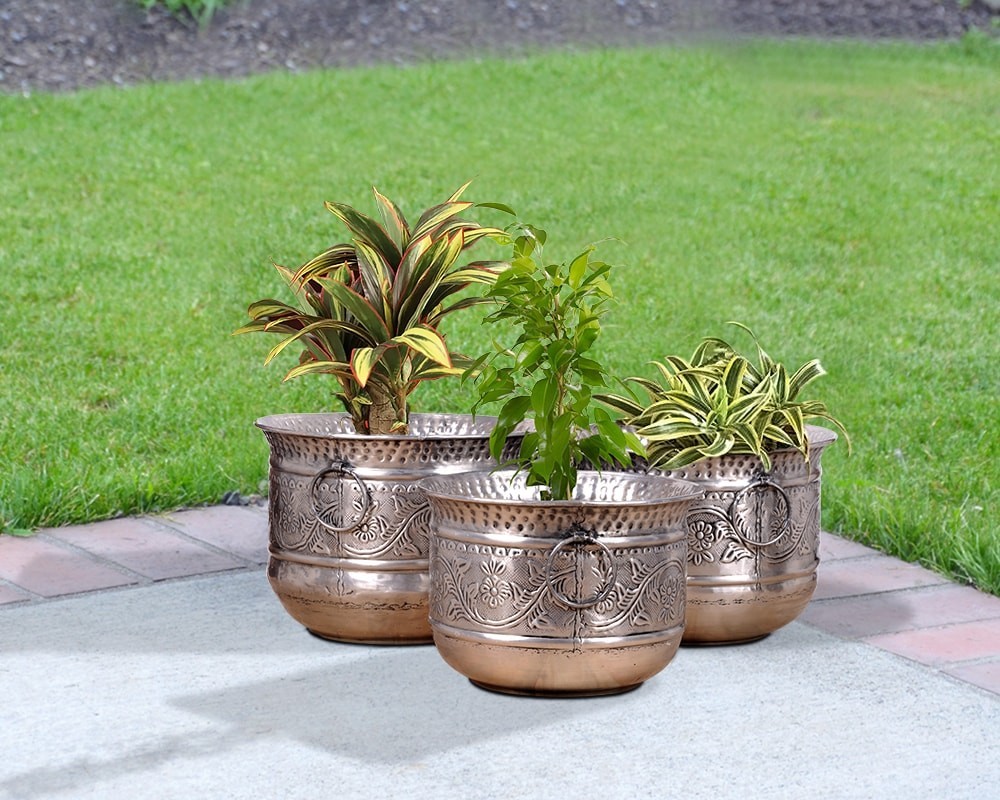 Black Nickel Antique Hammered Planter Set Of 3 Use: For Balcony Decor