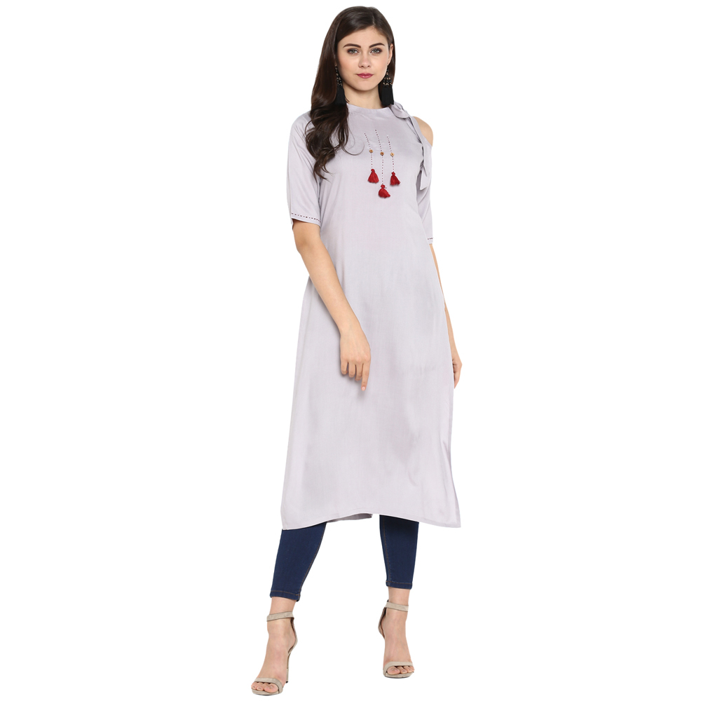 Ladies Plain Rayon Kurti - Size S To Xxl, Length 44 Inch, Color Grey | Soft Rayon Material, Cut Shoulder Design, Casual Ethnic Style