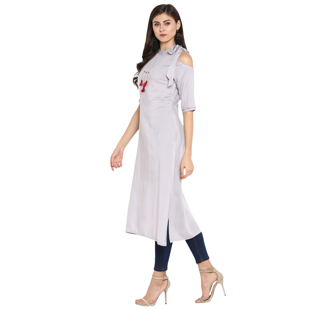 Ladies Plain Rayon Kurti - Size S To Xxl, Length 44 Inch, Color Grey | Soft Rayon Material, Cut Shoulder Design, Casual Ethnic Style
