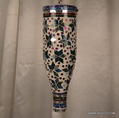 Multicolour Mosaic Hanging Lamp - Glass, 5x10 - 7x12 Inches, Modern Art Design | Handmade Polished Finish, Rooftop Installation, Elegant Light Decor