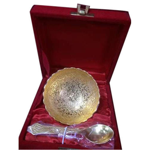 Gold Plated Bowl Tray & Spoons Set - Brass Material, Custom Size, Elegant Gold Finish | Luxurious Corporate Gift In Red Velvet Box