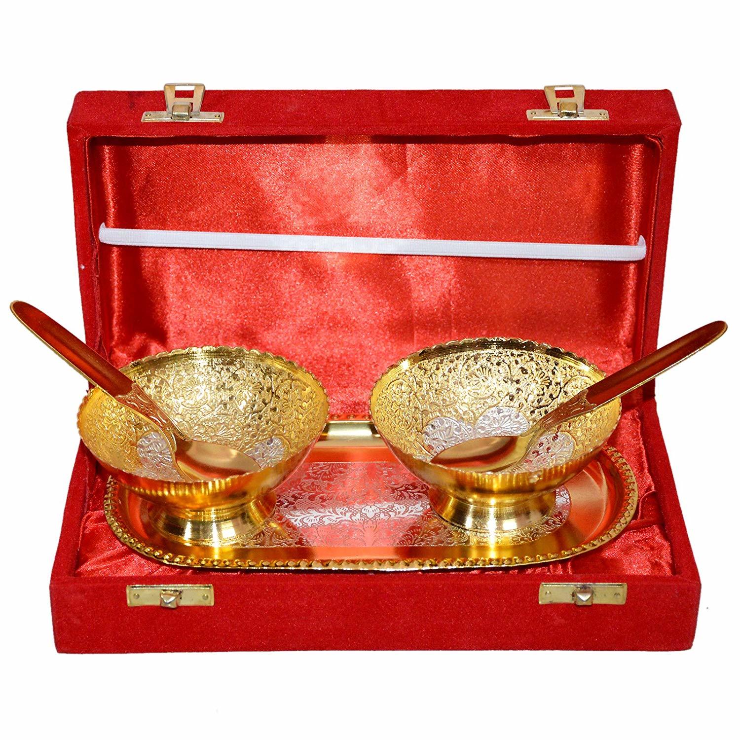 Gold Plated Bowl Tray & Spoons Set - Brass Material, Custom Size, Elegant Gold Finish | Luxurious Corporate Gift In Red Velvet Box