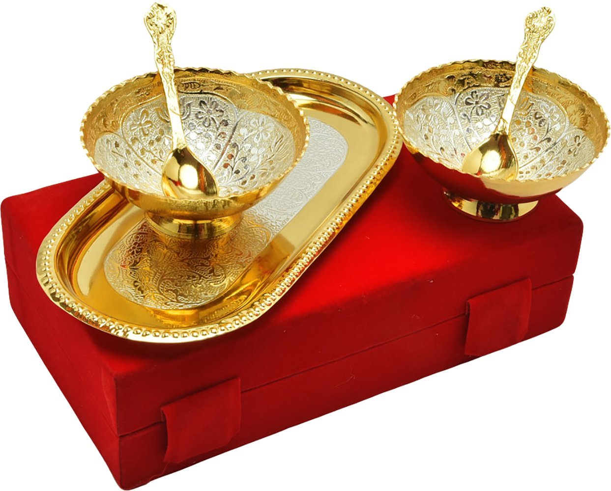 Gold Plated Bowl Tray & Spoons Set - Brass Material, Custom Size, Elegant Gold Finish | Luxurious Corporate Gift In Red Velvet Box