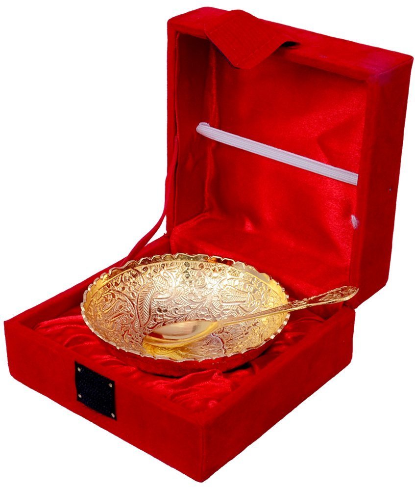 Gold Plated Bowl Tray & Spoons Set - Brass Material, Custom Size, Elegant Gold Finish | Luxurious Corporate Gift In Red Velvet Box