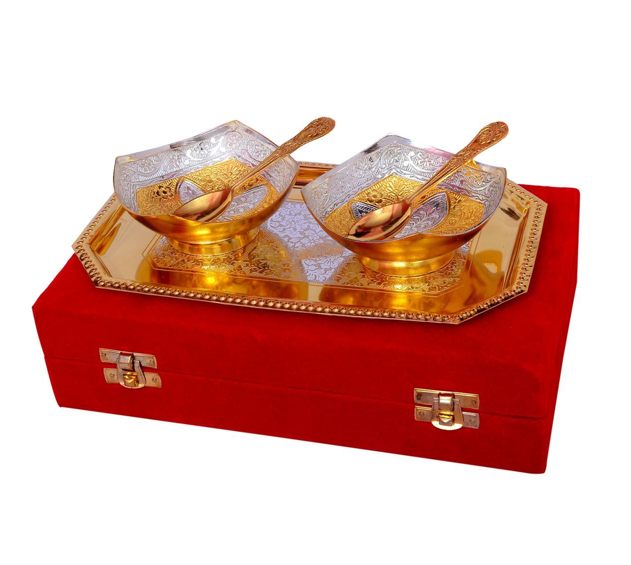 Gold Handi Bowl With Spoon Set Of 2 Pcs Brass Decorative Platter