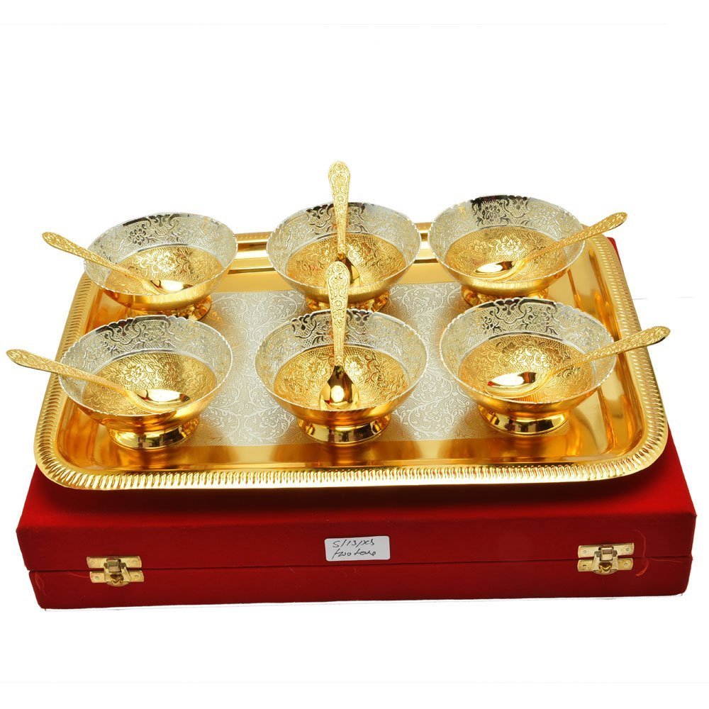 Brass Antique 4 Bowl Spoon 1 Tray Engraved Gold Silver Plated