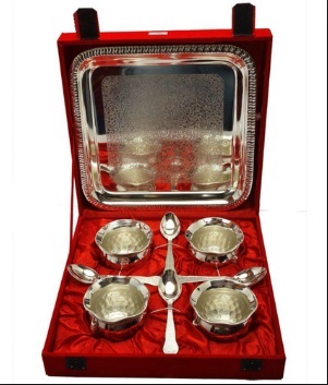 Brass Antique 4 Bowl Spoon 1 Tray Engraved Gold Silver Plated