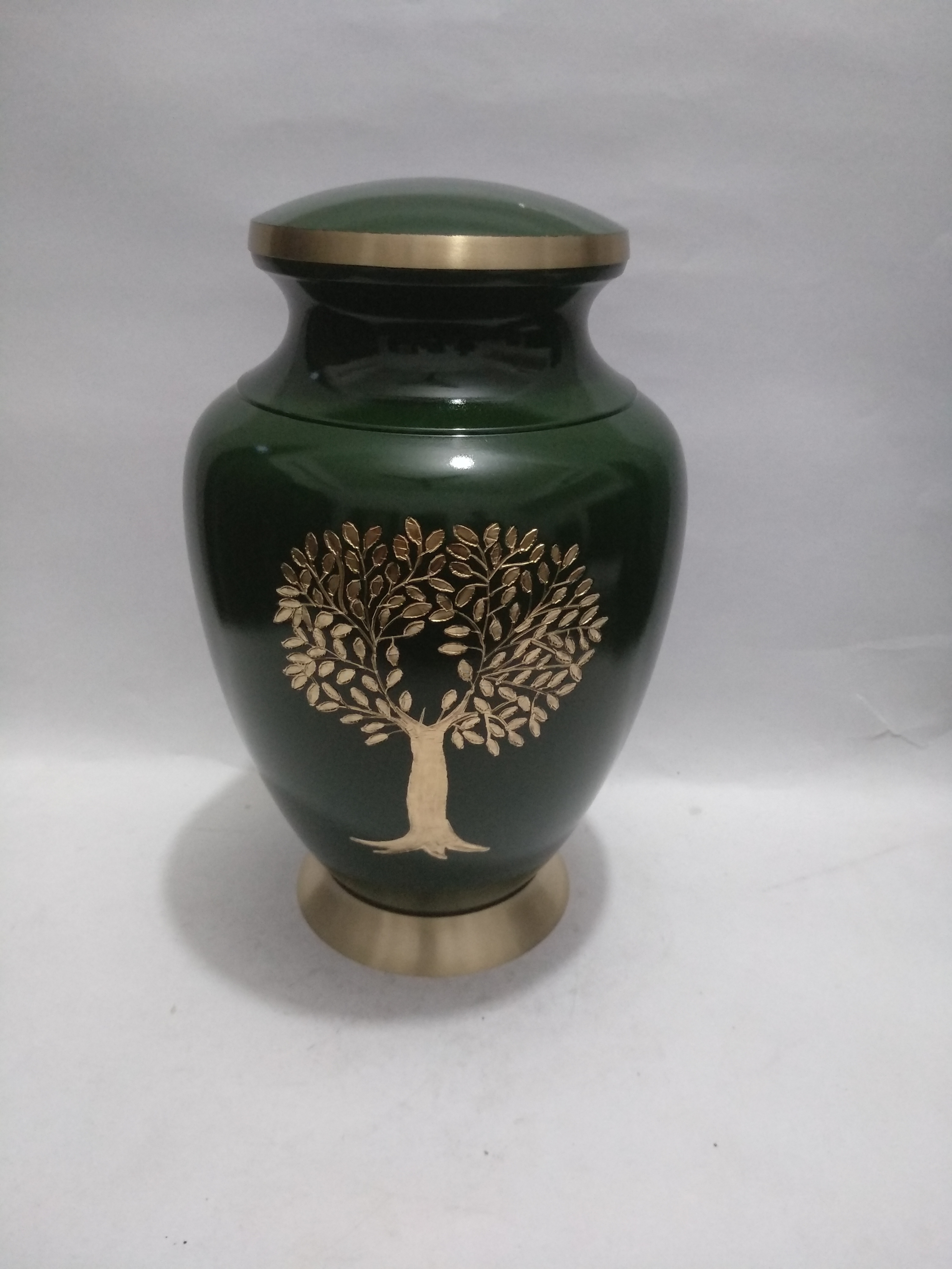 Aria Tree Of Life Metal Cremation Urn - Metal, Customize Size, Green With Gold Finishing, Religious Style