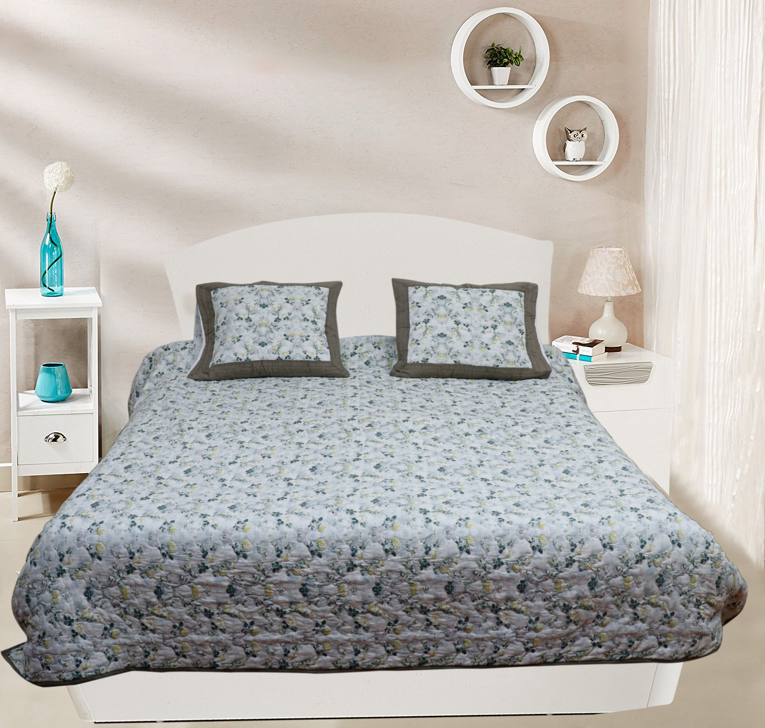 Quilted Bed Cover - 100% Cotton, King Size 270 Cm, Elegant Patterns | Machine Washable, Colorfast Design, Includes Pillow & Cushion Cover