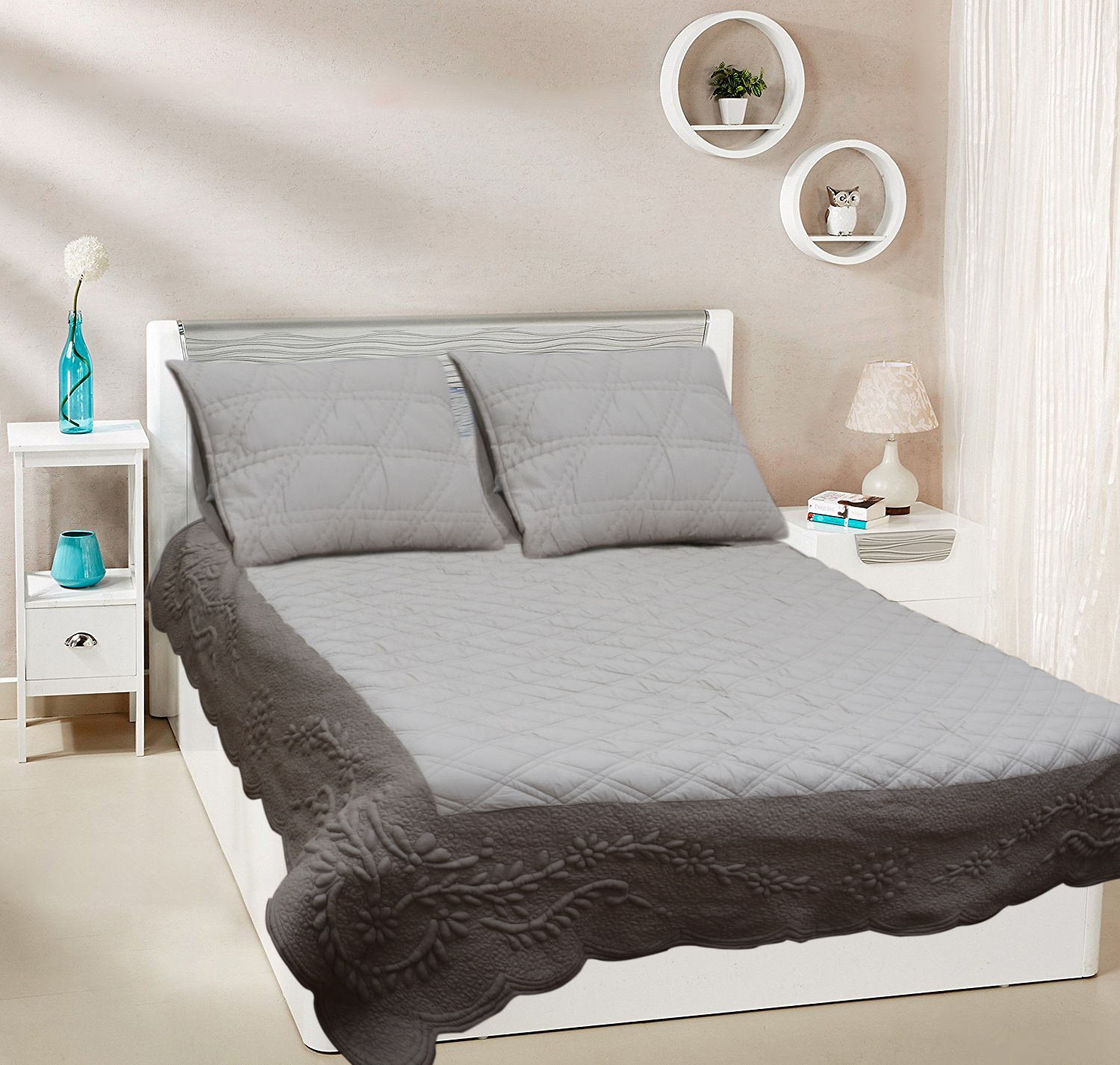 Quilted Bed Cover - 100% Cotton, King Size 270 Cm, Elegant Patterns | Machine Washable, Colorfast Design, Includes Pillow & Cushion Cover