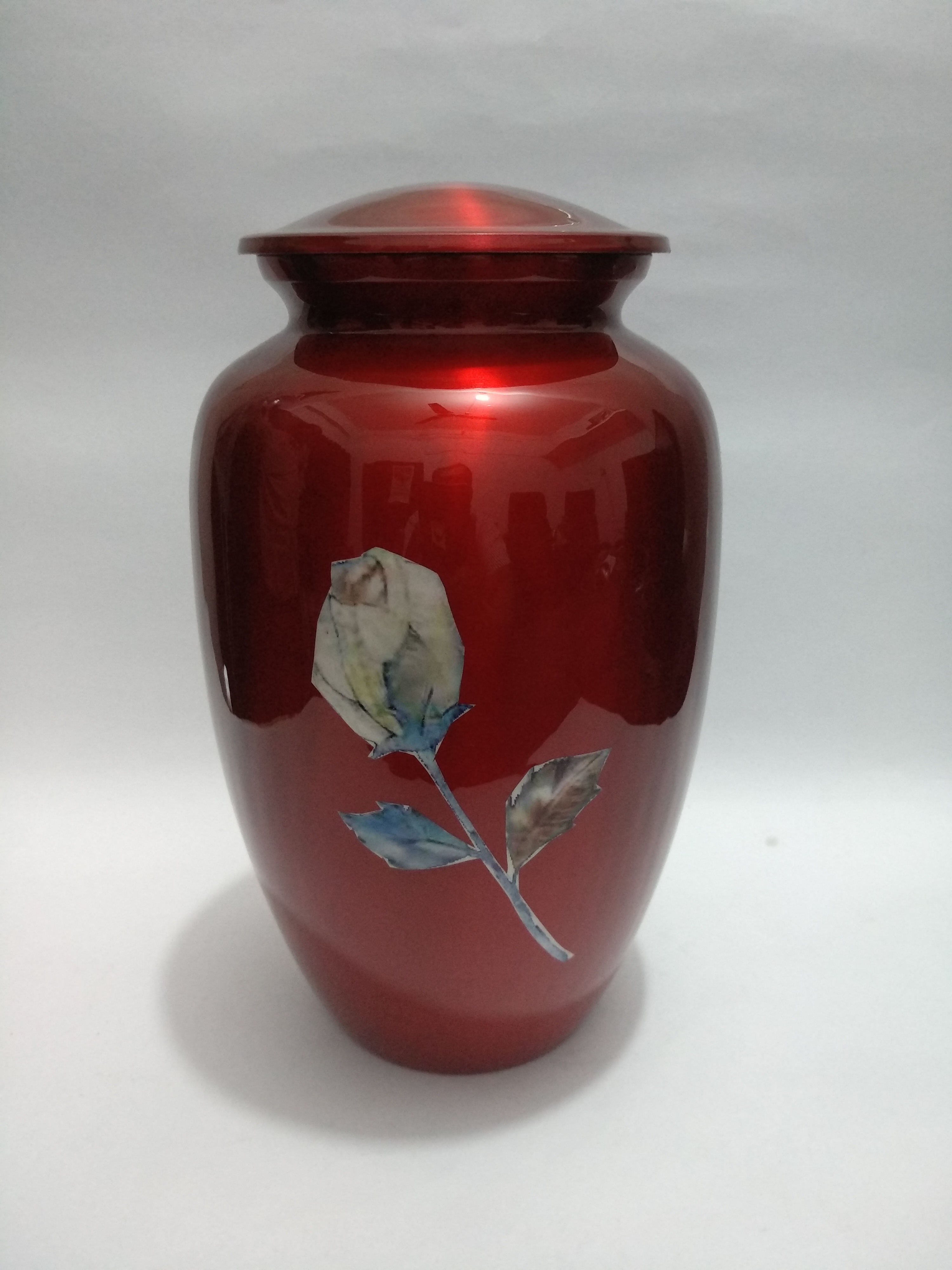 Rose Mother Of Pearl Cremation Urn - Metal, Customize Size, Shiny Blue Color - Enamel Finish, Religious Style