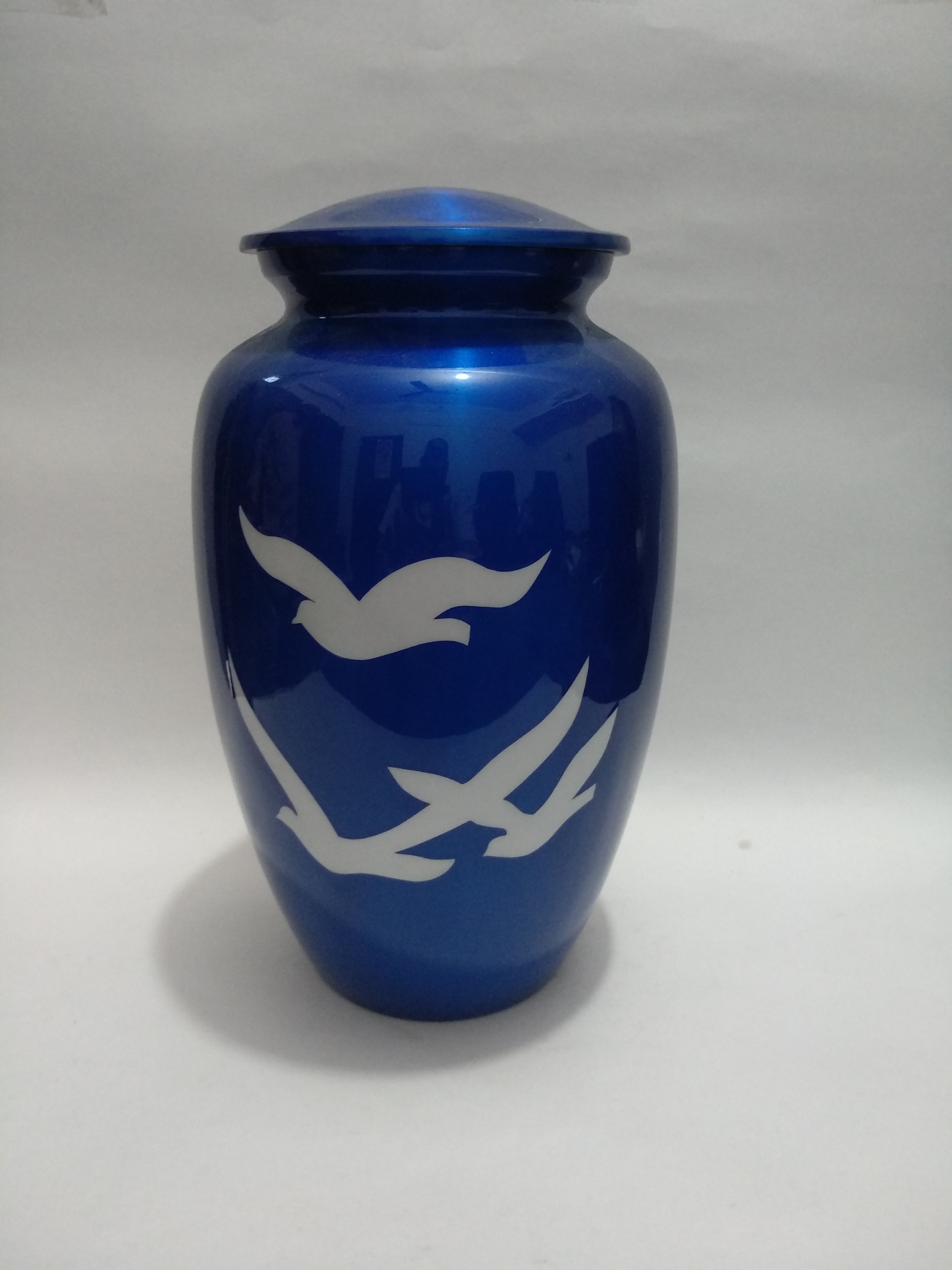 Rose Mother Of Pearl Cremation Urn - Metal, Customize Size, Shiny Blue Color - Enamel Finish, Religious Style