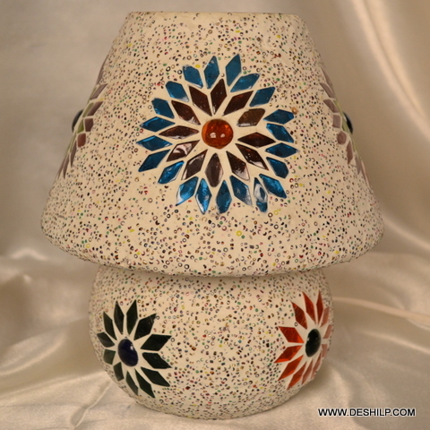 Red And Multicolor Antique Effect Mosaic Table Lamp - Finish: Handmade