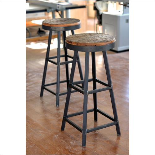 Cafe Stool - Natural Teak Wood & Metal | 18" x 18" x 30", Industrial Style, Brown, Powder Coated Finish, 20 lbs