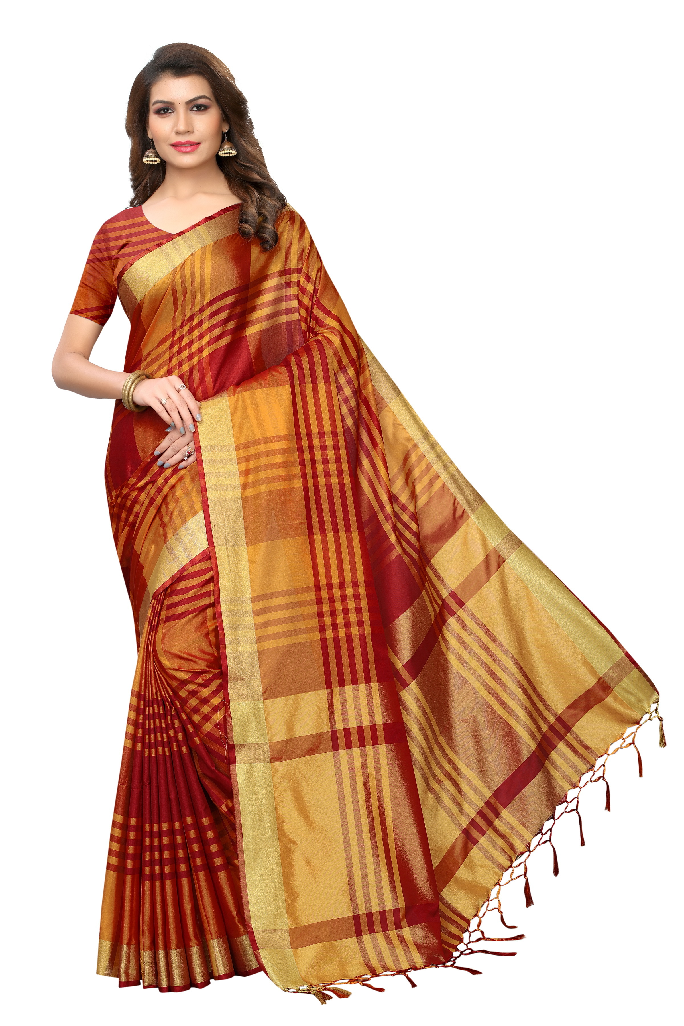 New Design Saree In Cotton Silk With Ikkat Checks - Cotton Silk, 5.5 Mtr Length, Multicolour, Striped Pattern, Patch Work, Ribbons Closure