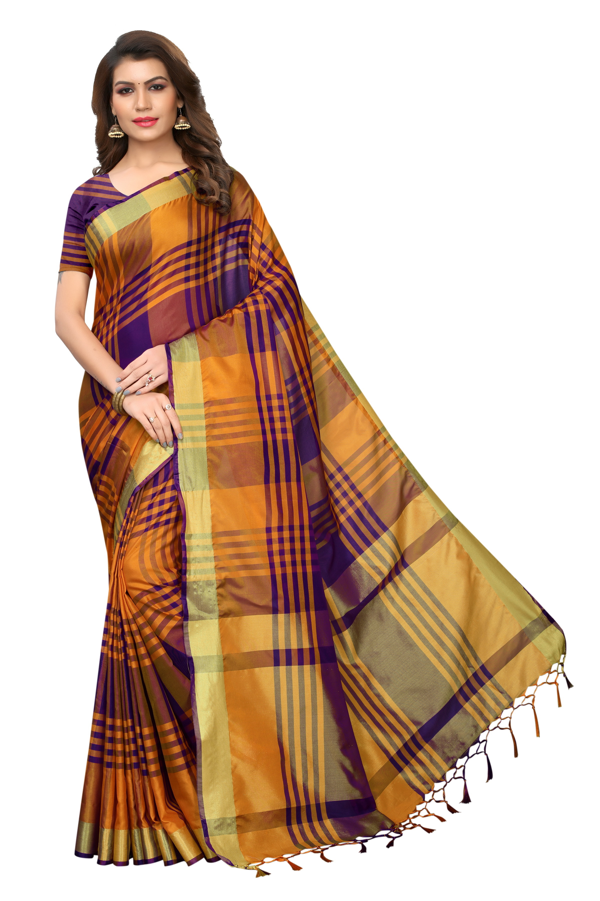 New Design Saree In Cotton Silk With Ikkat Checks - Cotton Silk, 5.5 Mtr Length, Multicolour, Striped Pattern, Patch Work, Ribbons Closure