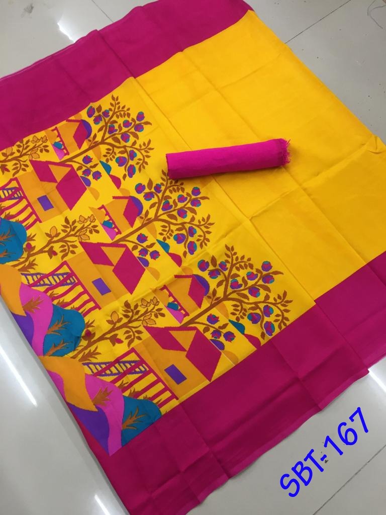 Printed Art Silk Saree - 5.50 Meter Length, Multicolour Hand Print Pattern, Hand Embroidery Details, With Banglori Blouse Piece