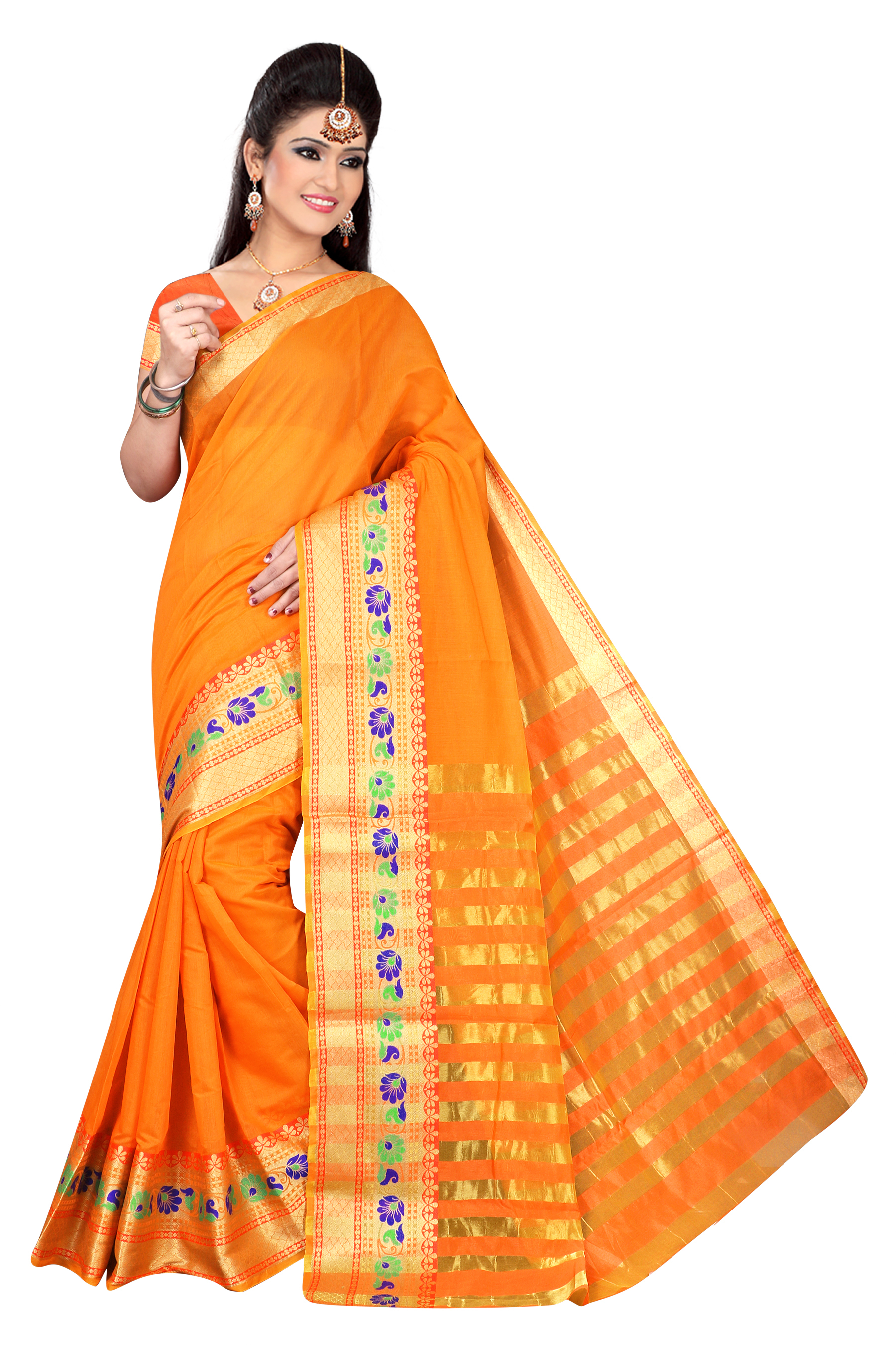 Fancy Pure Cotton Saree - 5.50 Mtrs Length, 0.80 Mtrs Blouse | Multicolour Striped Design With Elegant Thread Work