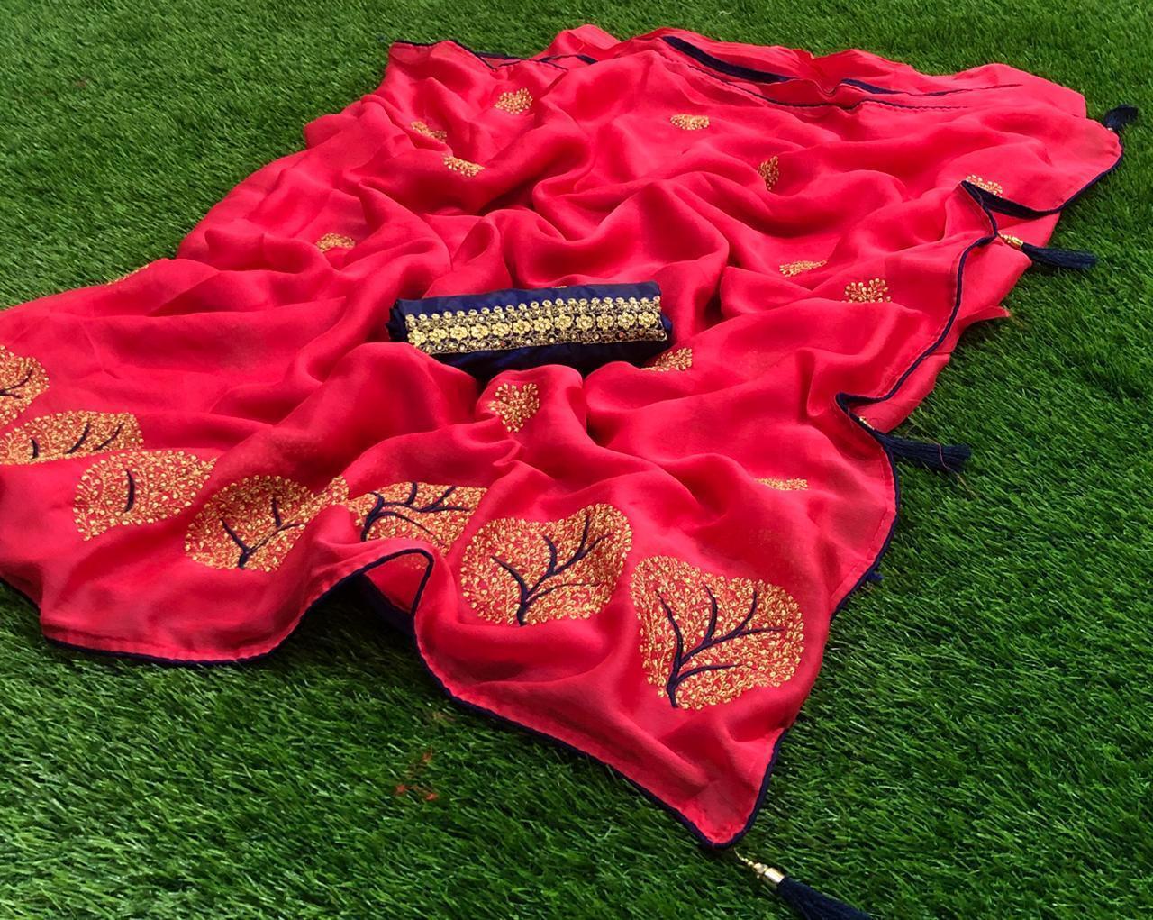 Moss Chiffon Saree - Embroidered Multi-color Fabric With Resam Work | Bollywood Style, Suitable For All Seasons