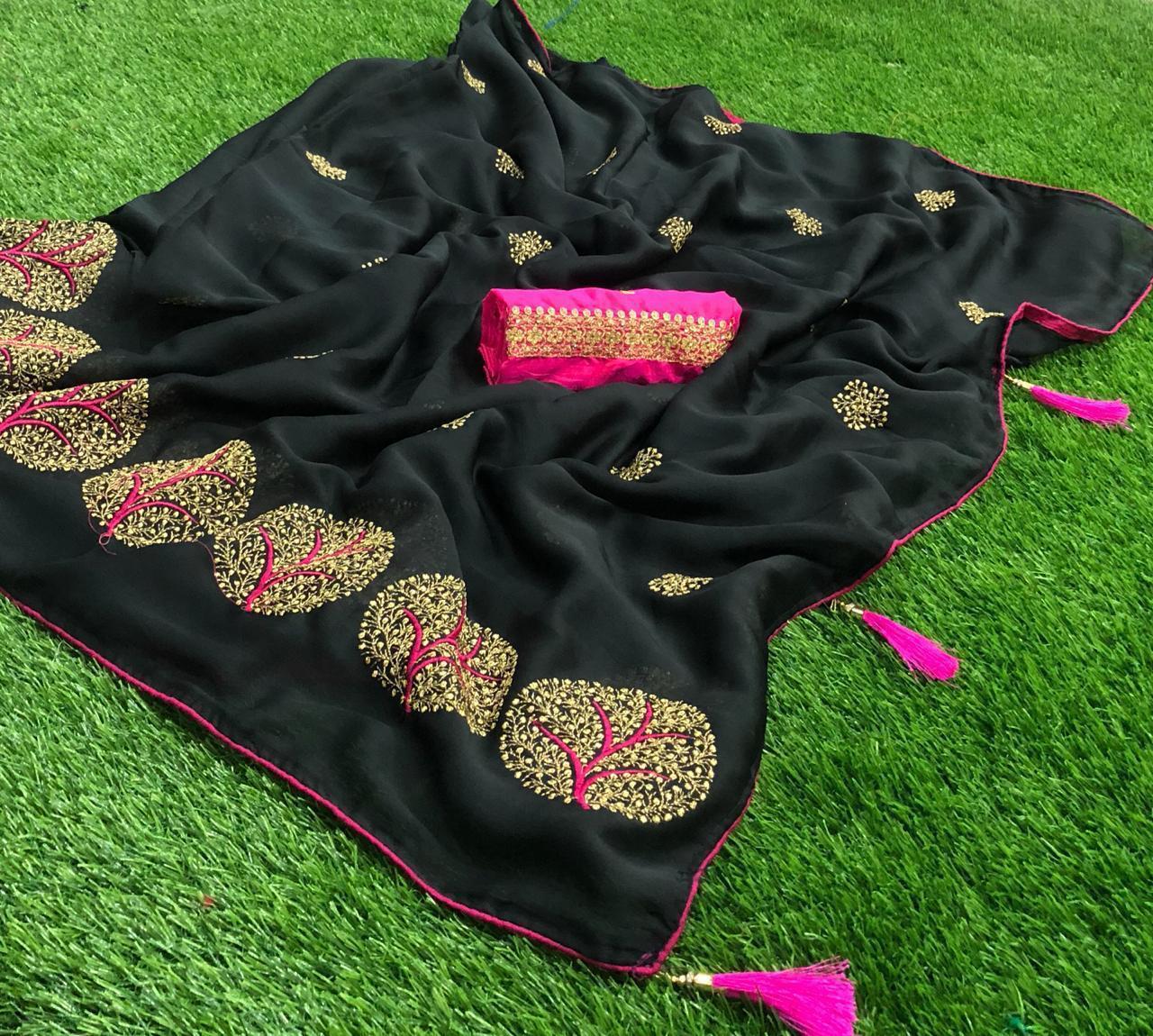 Moss Chiffon Saree - Embroidered Multi-color Fabric With Resam Work | Bollywood Style, Suitable For All Seasons