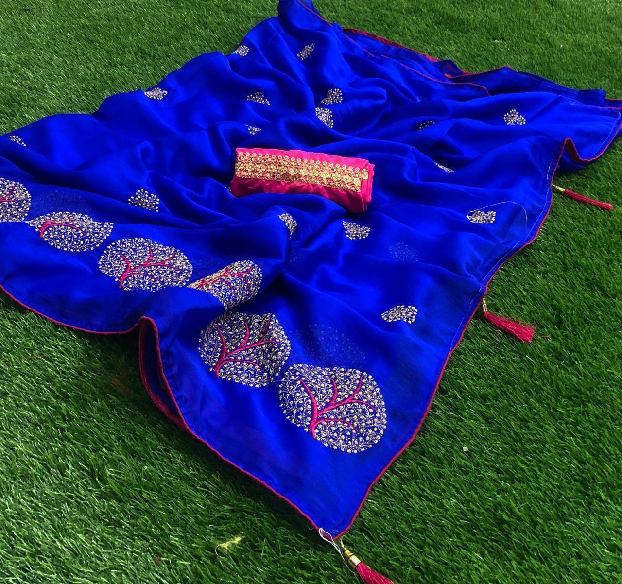 Moss Chiffon Saree - Embroidered Multi-color Fabric With Resam Work | Bollywood Style, Suitable For All Seasons