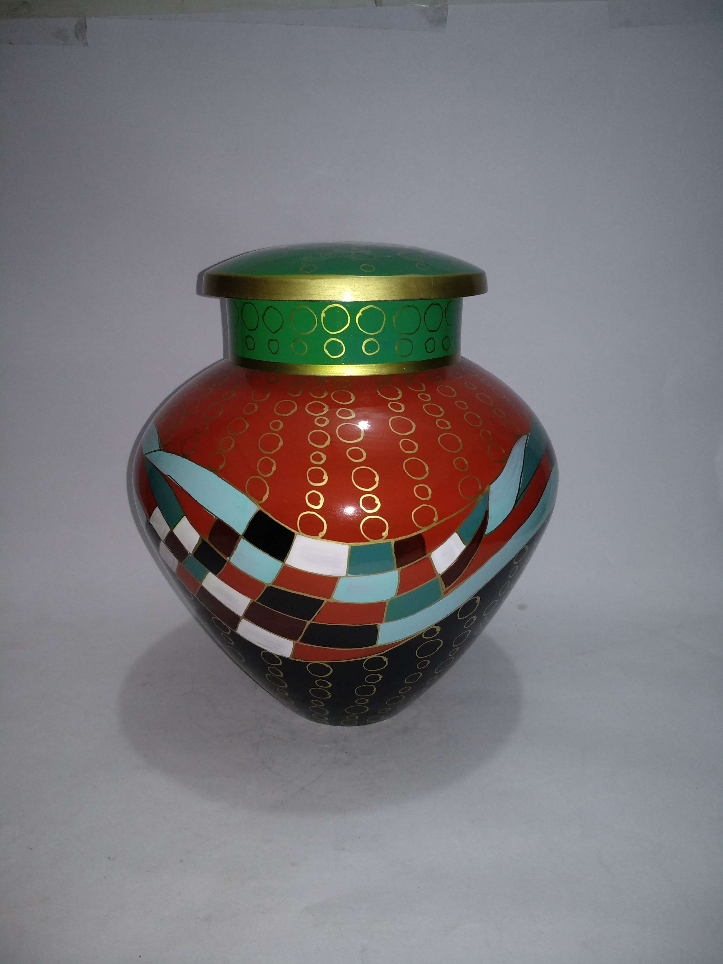 Handmade Brass Metal Cloisonne Cremation Urns - Custom Size, Red And Gold Finish | Religious Style Metalwork