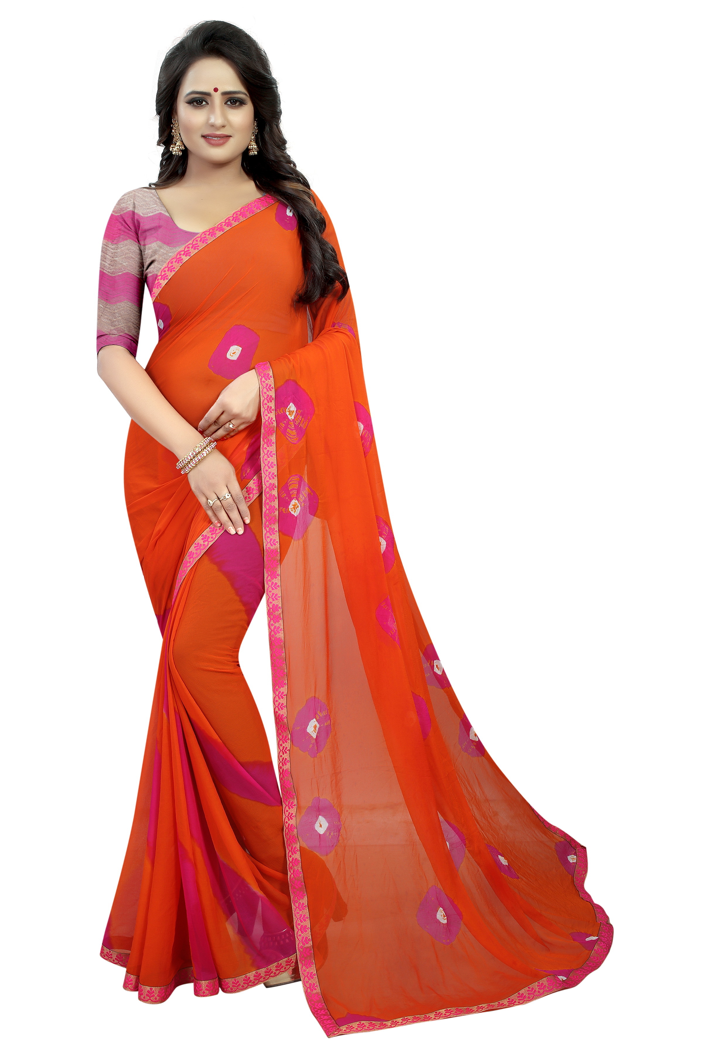 Fancy Chiffon Saree - 5.50 Mtrs Length, 0.80 Mtrs Blouse | Multicolour Striped Bandhani With Zari Work