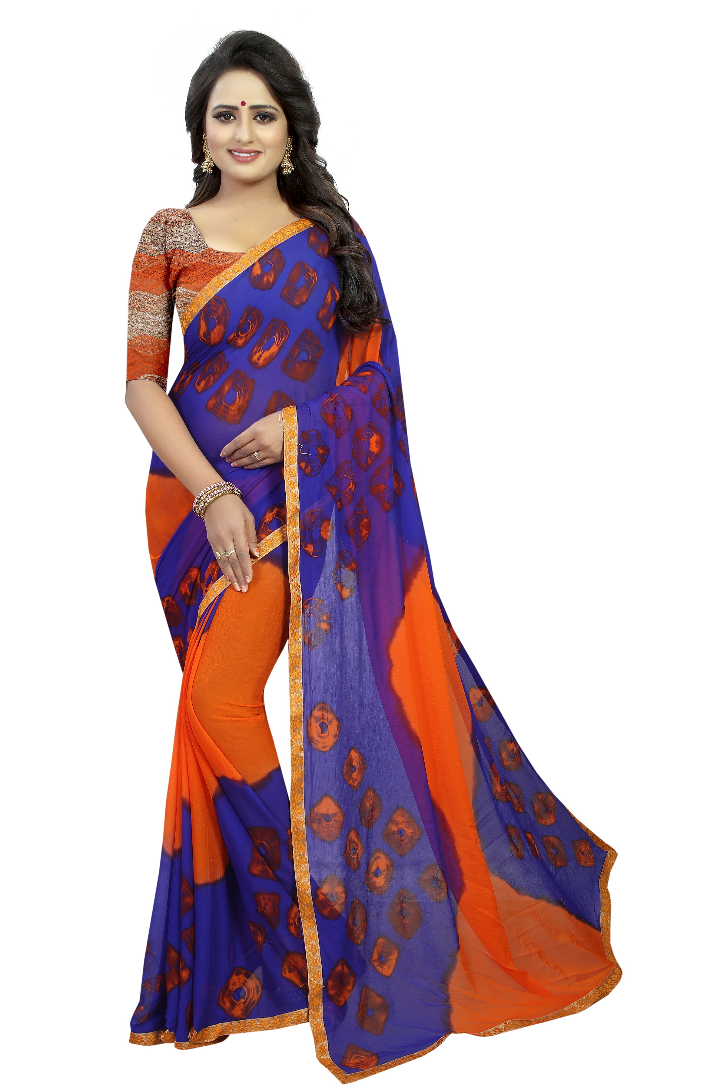 Fancy Chiffon Saree - 5.50 Mtrs Length, 0.80 Mtrs Blouse | Multicolour Striped Bandhani With Zari Work
