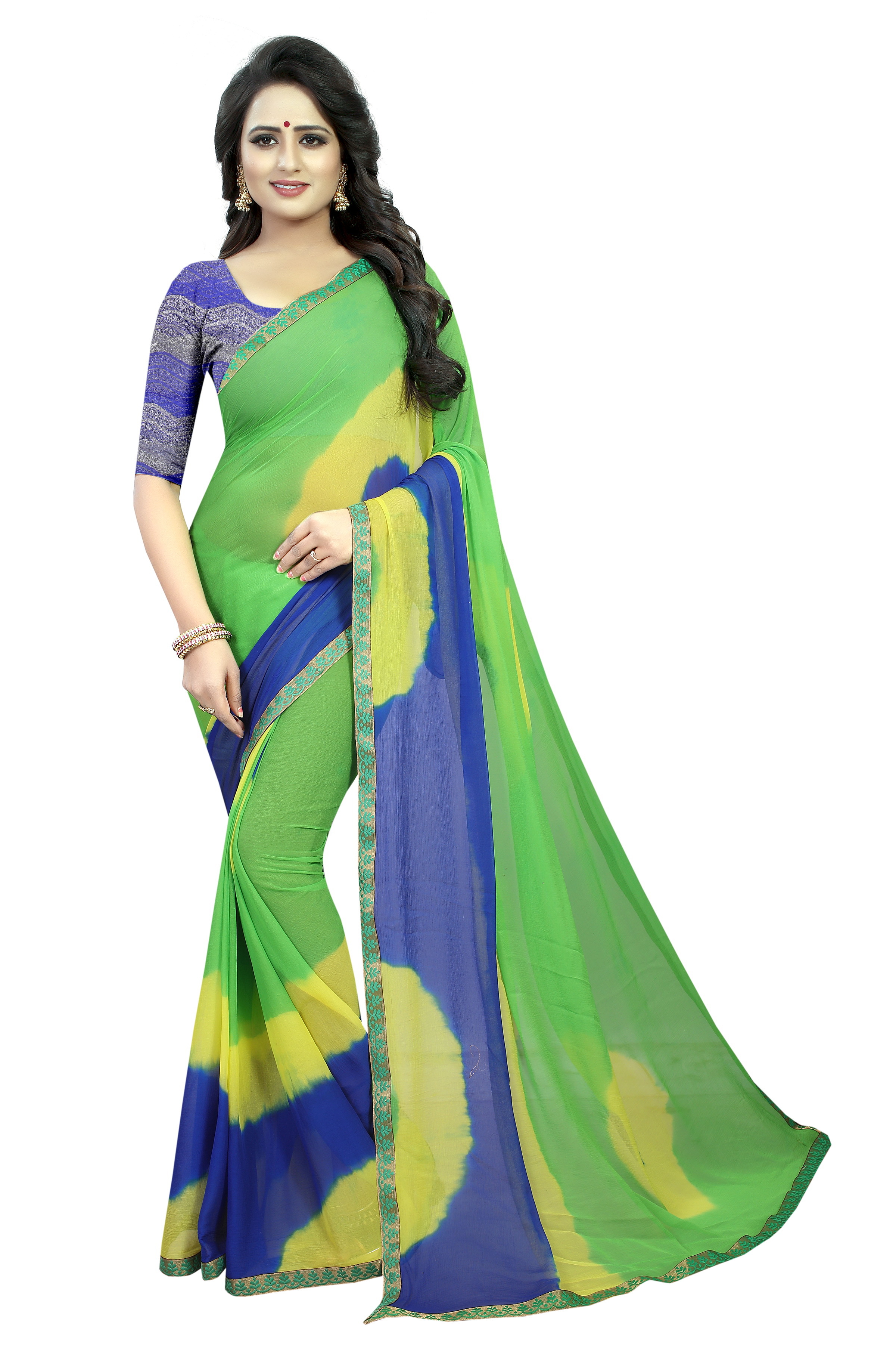 Fancy Chiffon Saree - 5.50 Mtrs Length, 0.80 Mtrs Blouse | Multicolour Striped Bandhani With Zari Work