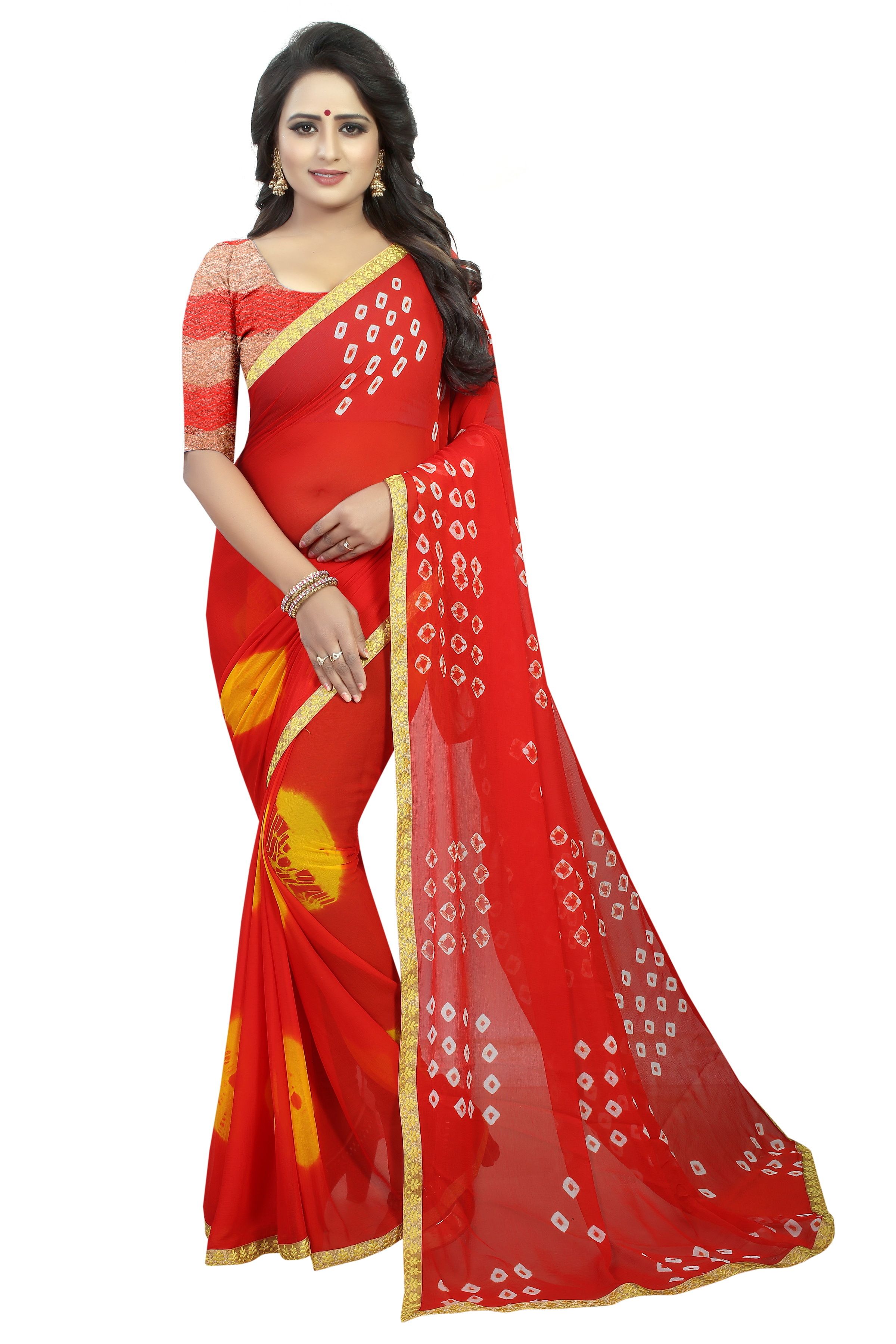 Fancy Chiffon Saree - 5.50 Mtrs Length, 0.80 Mtrs Blouse | Multicolour Striped Bandhani With Zari Work