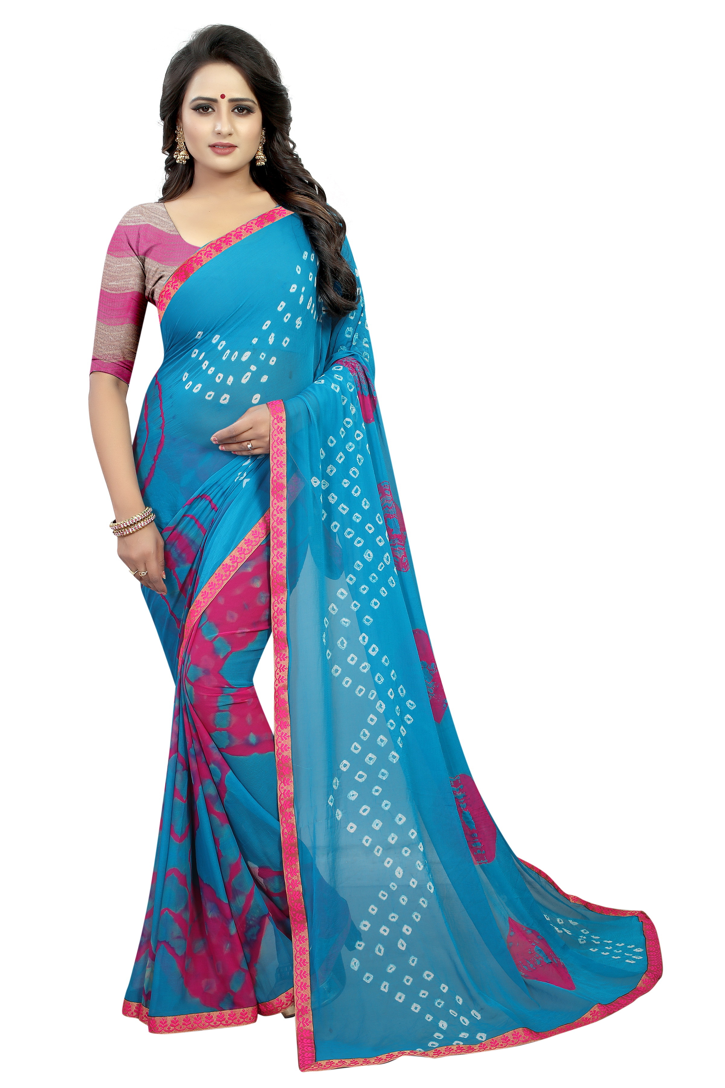 Fancy Chiffon Saree - 5.50 Mtrs Length, 0.80 Mtrs Blouse | Multicolour Striped Bandhani With Zari Work